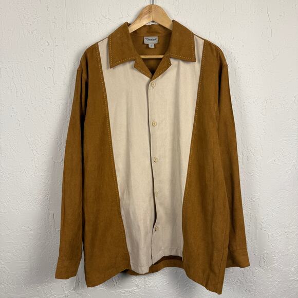 Vintage 90s Button Up Shirt Brown Cream Large Tony Soprano Faux Suede Bowling - Picture 1 of 5